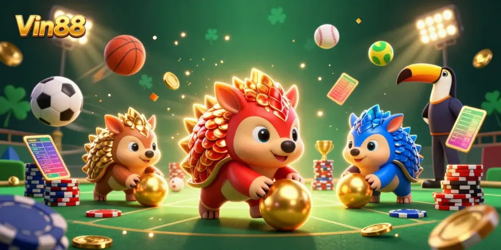 Experience thrilling casino action with Vin88 as rival pangolins compete amidst flying sports balls and dynamic casino elements.