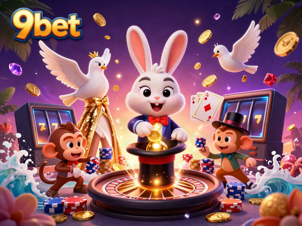 Win big at 9bet with this vibrant 3D illustration showcasing an exciting casino scene filled with coins and cards.
