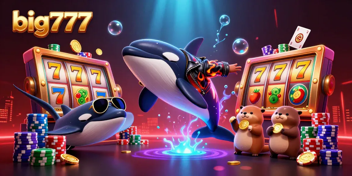 Experience excitement with big777 as colorful sea creatures celebrate over spinning slot reels and coins.