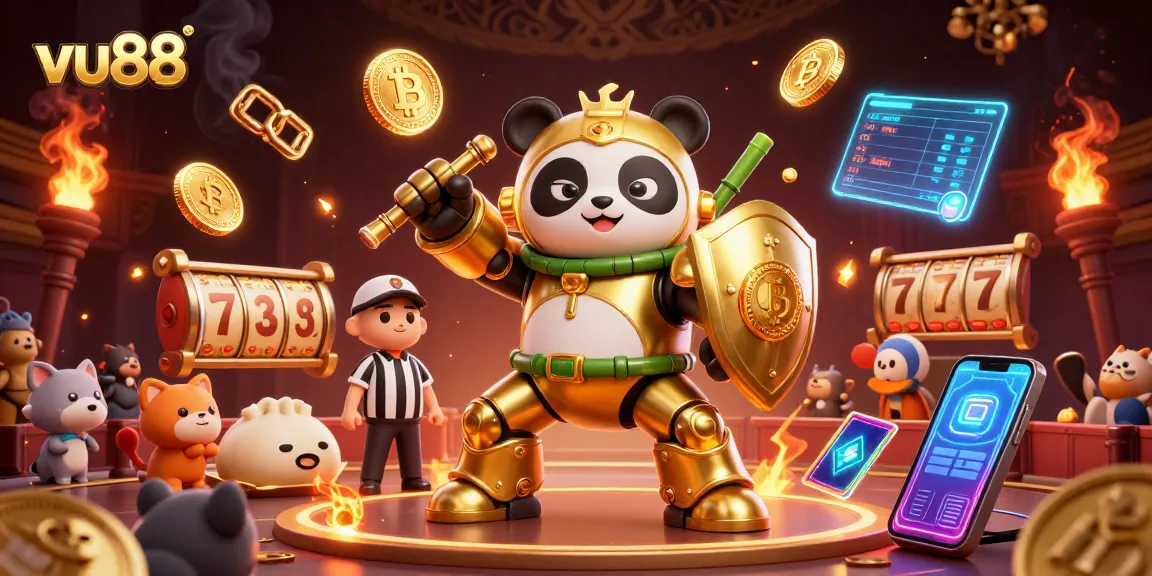 Experience the excitement of vu88 with a golden panda in a mech-suit amidst dynamic slot game elements.