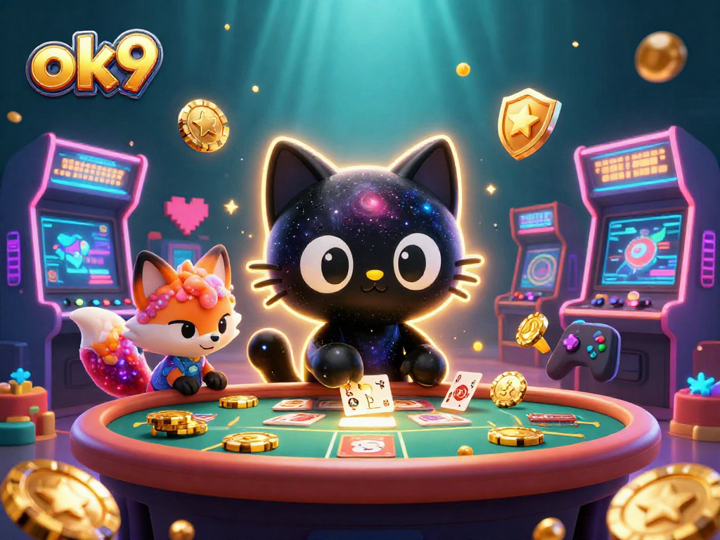 Engage with the universe of ok9, where a black hole cat spins golden chips at a cosmic casino table.