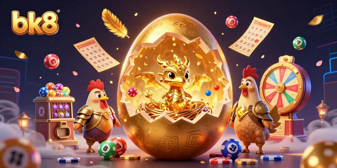 Engage with the dynamic scene featuring bk8's iconic golden dragon and poker chips amidst vivid lottery elements.
