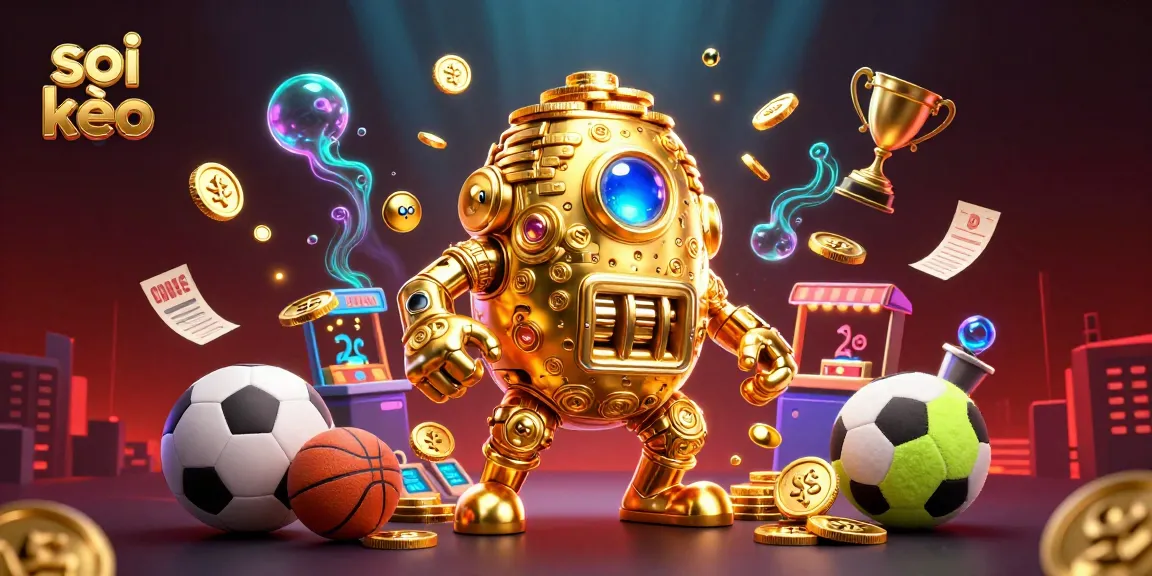 Engage in soi kèo sports betting with a golden golem amidst dynamic sports elements and vibrant colors.