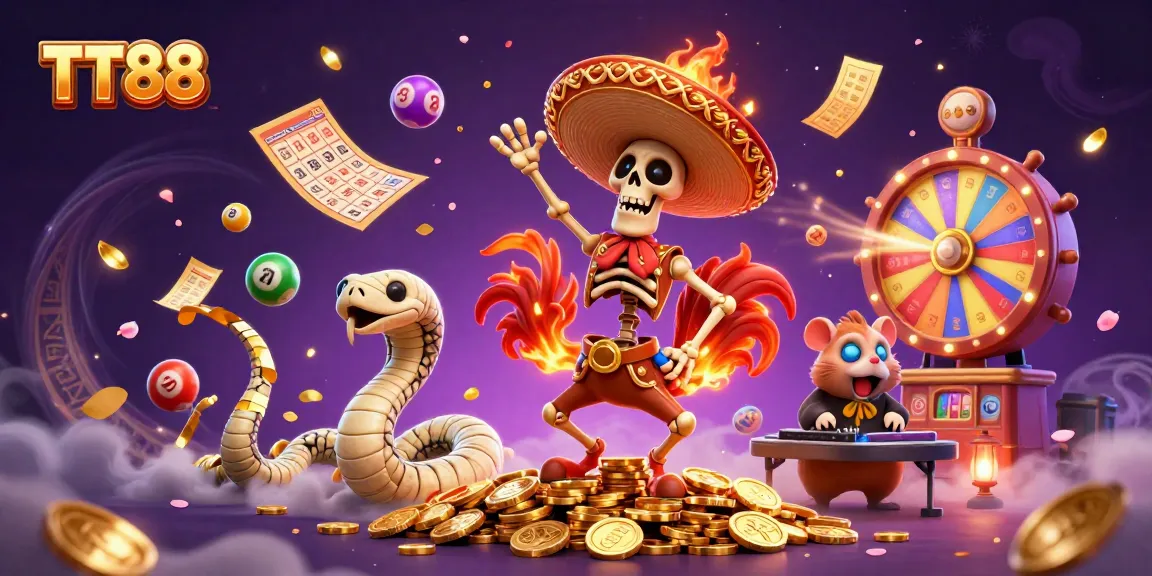 Experience the fun of winning at TT88 with a vibrant 3D casino illustration depicting characters dancing amidst riches and games.