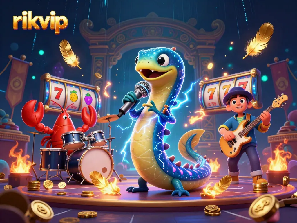 Experience the vibrant, dynamic world of rikvip with electrifying casino characters performing amidst slot reels and golden tokens.