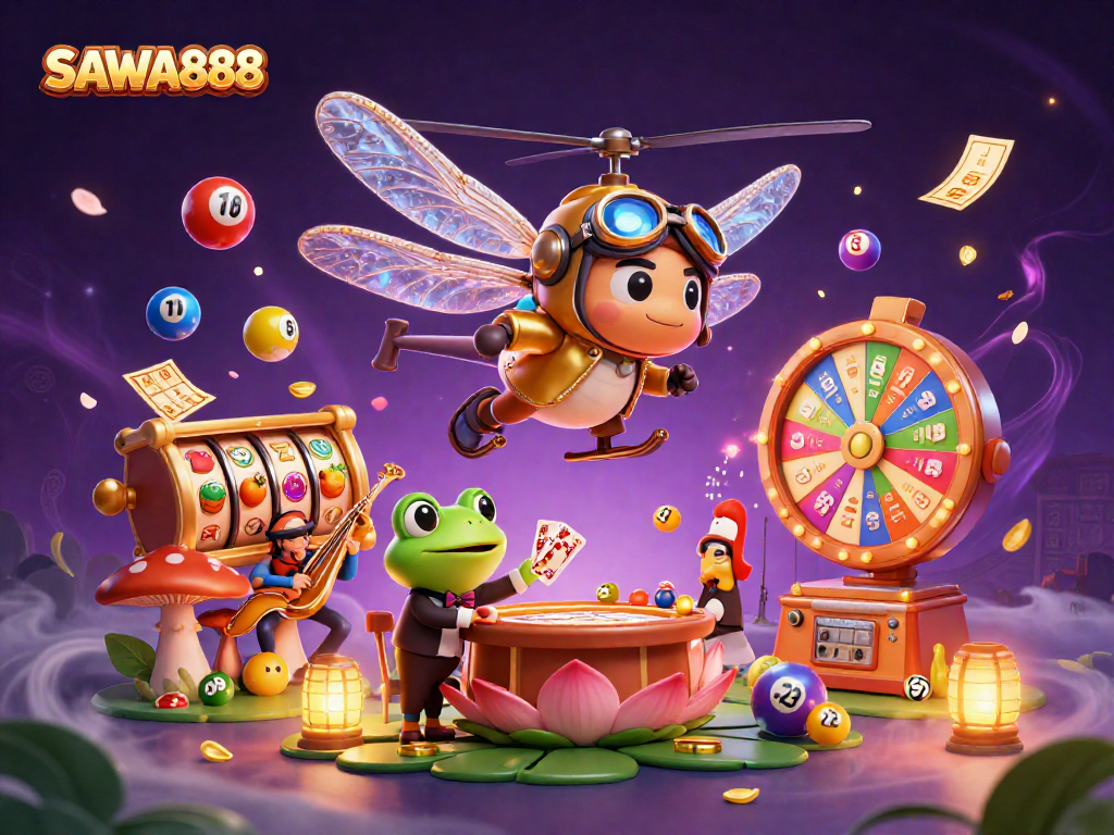 Experience excitement at SAWA888 with dynamic slots, a charming croupier, and vibrant casino elements.