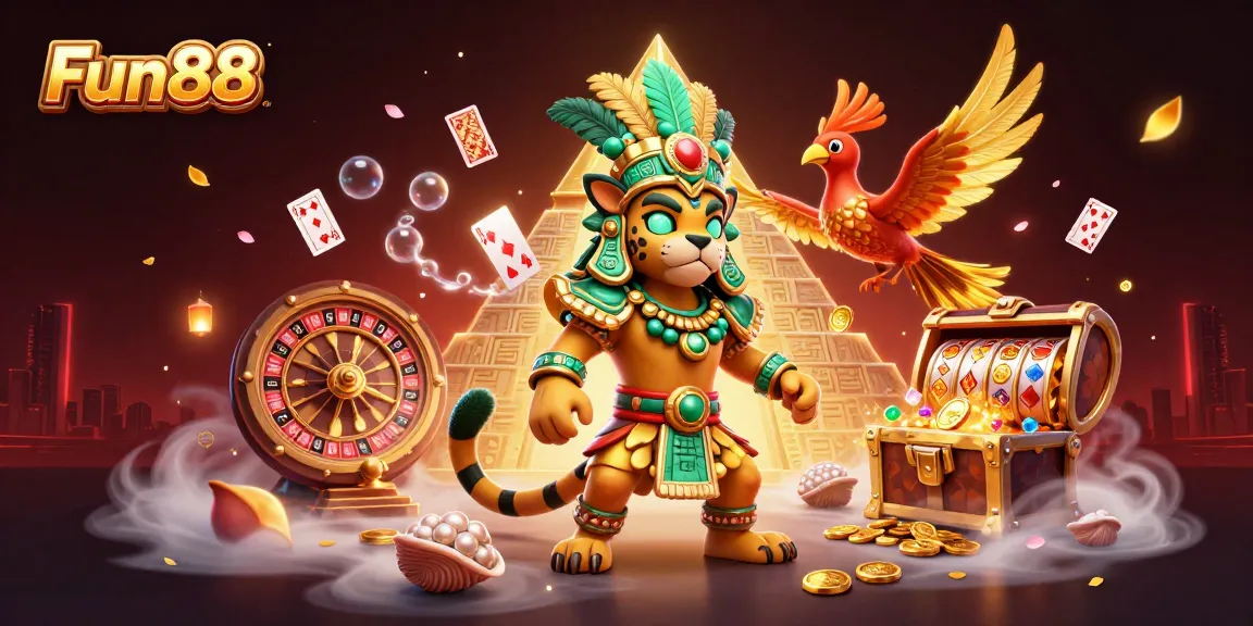 Experience the thrills of Fun88 with vibrant casino elements in a dynamic 3D illustration.