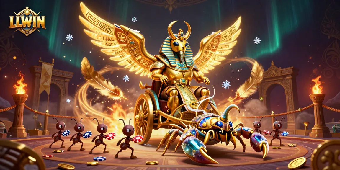 Experience thrilling action with LLWIN's colossal golden scarab in an epic gambling scene.
