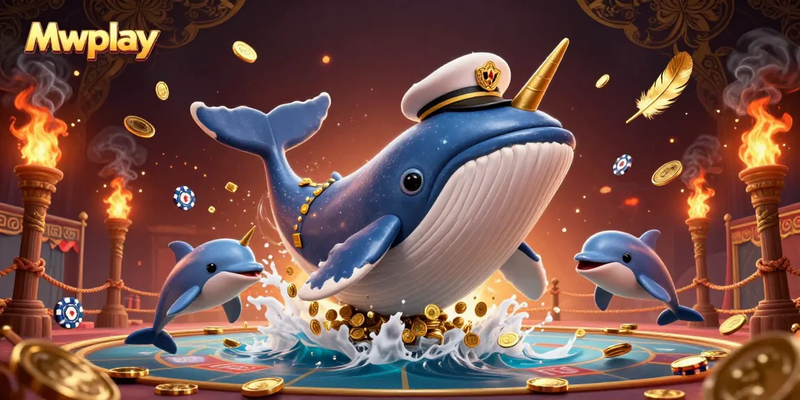 Experience thrilling games at Mwplay with vibrant scenes of a whale, narwhal, and playful dolphins.