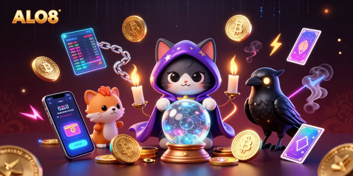 Play exciting games at ALO8 casino with a mystical theme featuring vibrant characters and crypto elements.
