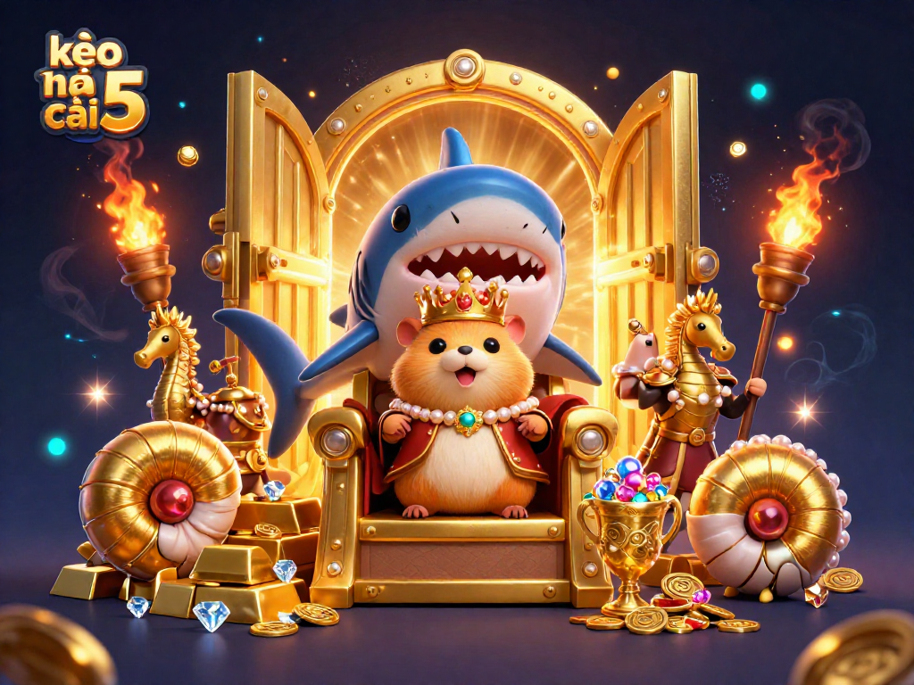Experience thrilling wins with kèo nhà cái 5, featuring a majestic golden hamster king amidst treasure and gambling excitement.
