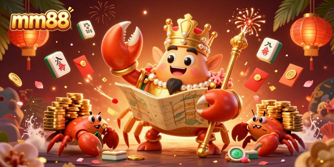 Experience the excitement of mm88 with a golden crab emperor and treasure in this vibrant casino scene.