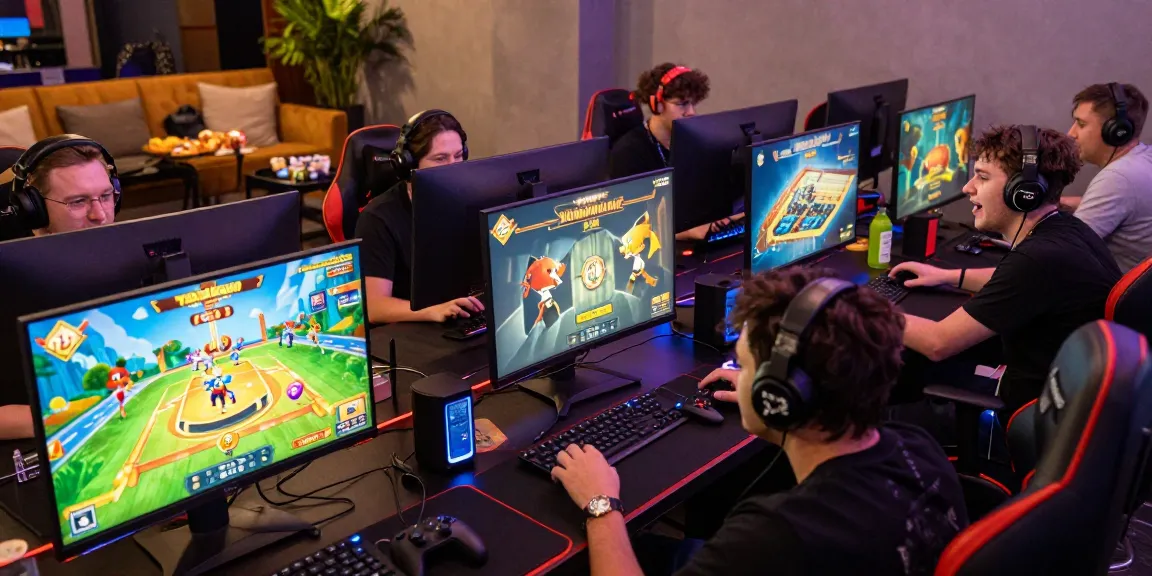 78win gaming community intensely engaged in competitive games, colorful displays & vibrant atmosphere.