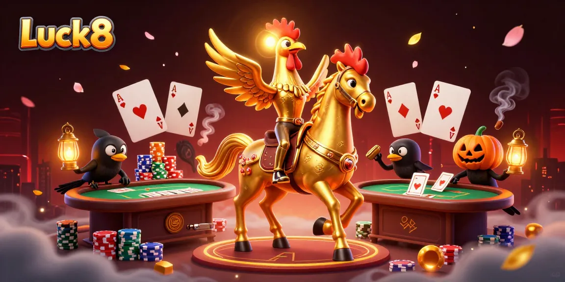 Luck8 rooster engages in a thrilling casino adventure amidst poker action and vibrant atmosphere.