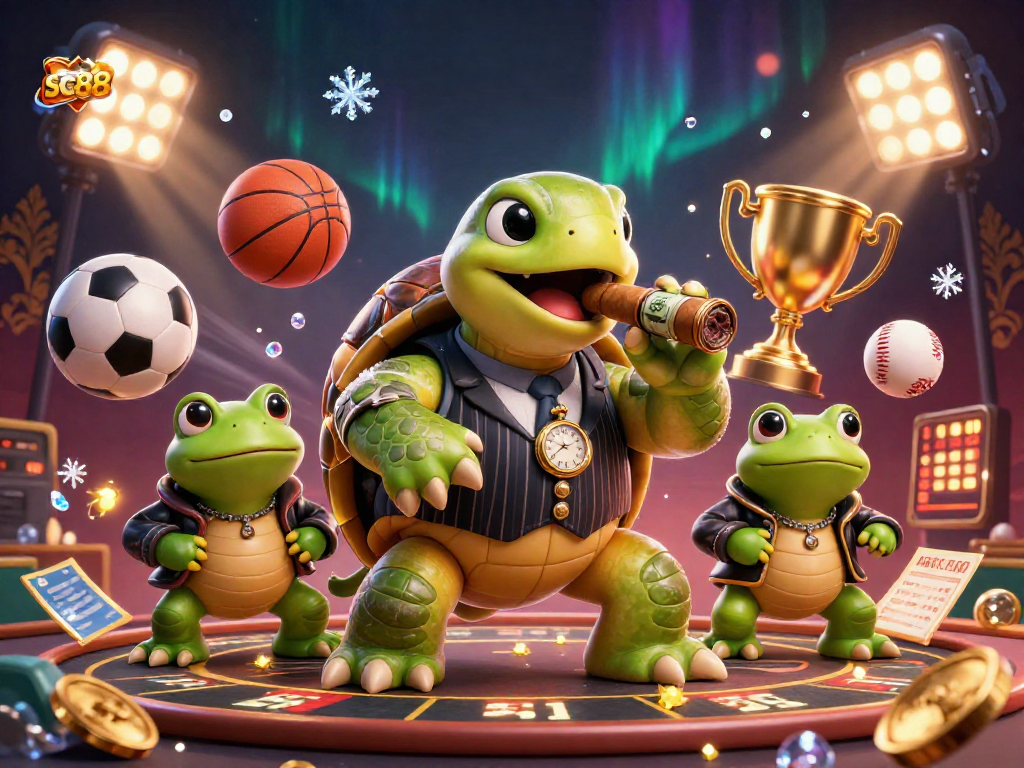 sc88 promotes winning strategies with a 3D cartoon turtle and enforcers on a vibrant casino floor