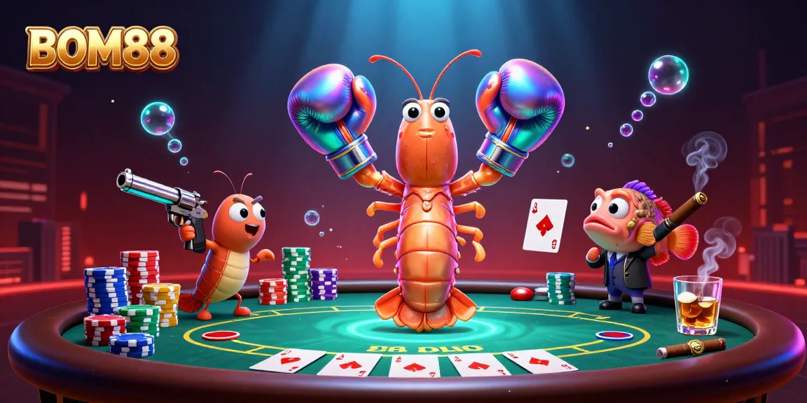 BOM88 invites players to witness an epic poker showdown in a vibrant underwater casino scene.