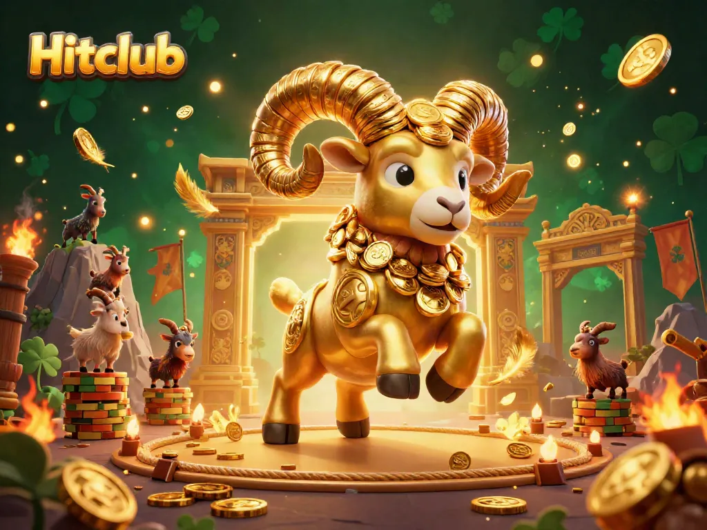 Experience the excitement of Hitclub with a vibrant 3D illustration of a golden ram charging through a dynamic casino scene.