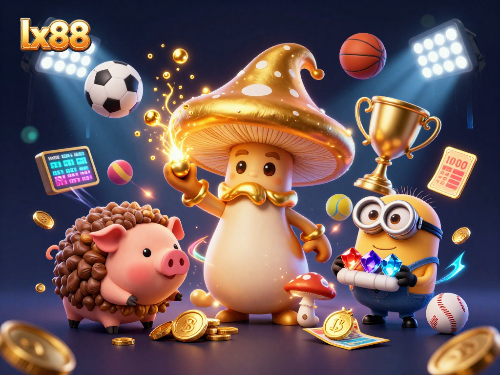 Experience the excitement of lx88 with a magical golden mushroom wizard amidst dynamic sports elements and treasures.