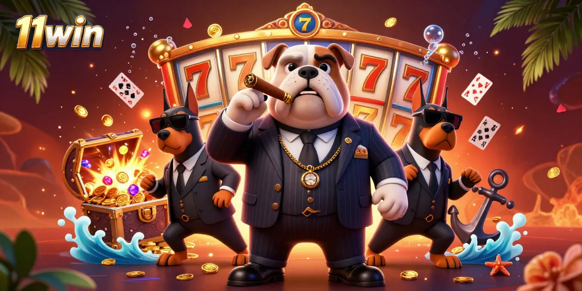 Experience excitement at 11win with vibrant slots, a spirited bulldog, and dynamic game elements.