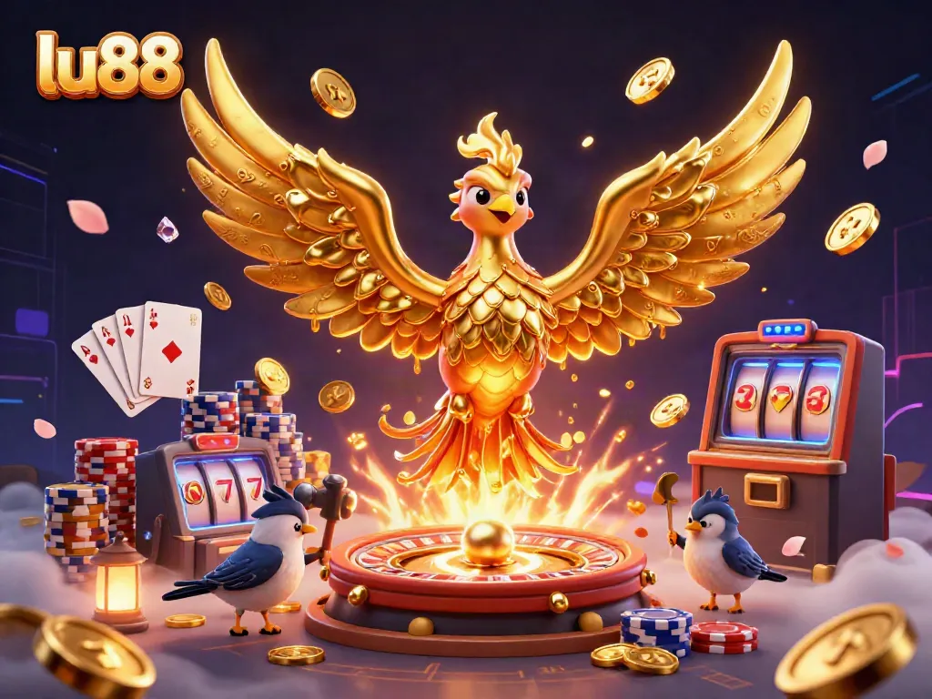 Experience the excitement of gambling with lu88, featuring golden phoenixes and a vibrant casino backdrop.