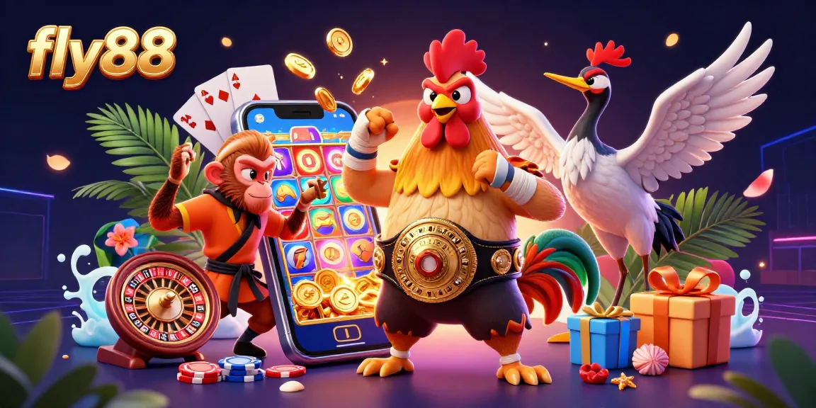 Engage with fly88's dynamic gaming scene featuring exciting characters and casino elements.