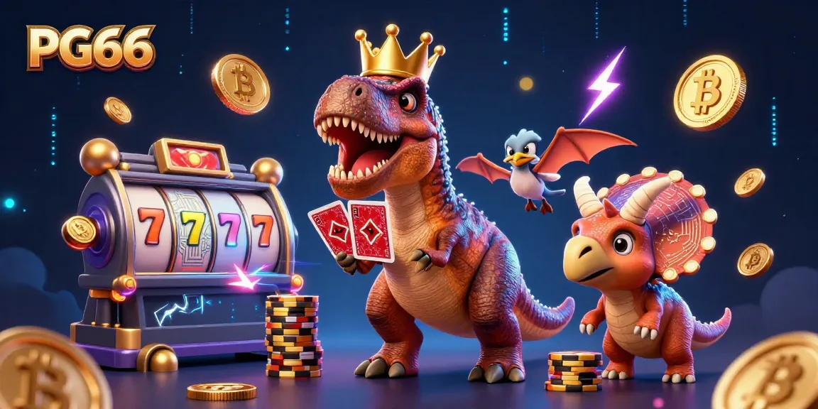 Engage with PG66's exciting gaming experience featuring a T-Rex and friends in a vibrant casino scene.