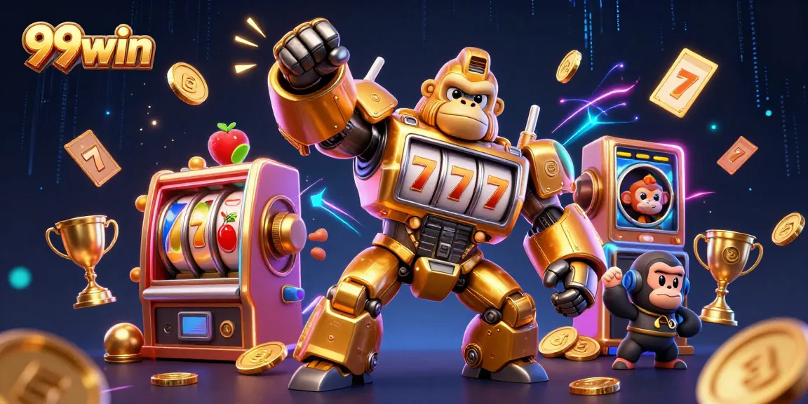 Engage with thrilling casino action at 99win featuring spinning slot reels and golden gorilla mech.