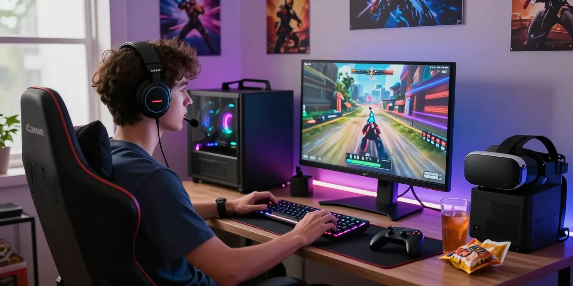 Pengalaman gaming di rumah dengan boswin88, gamer fokus pada layar besar dengan aksesori yang menarik.