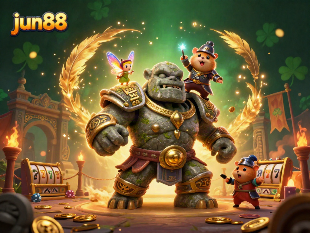 Play exciting games on jun88 with a dynamic scene featuring a magical golem and adventures.