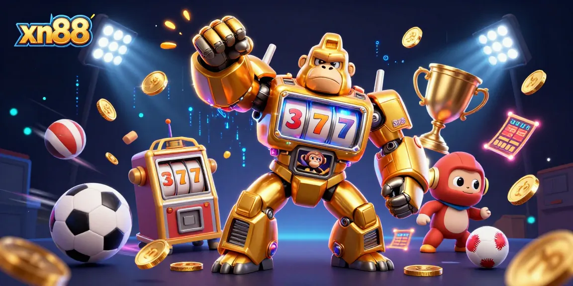 Experience thrilling gameplay with xn88's dynamic golden gorilla mech and vibrant casino elements.