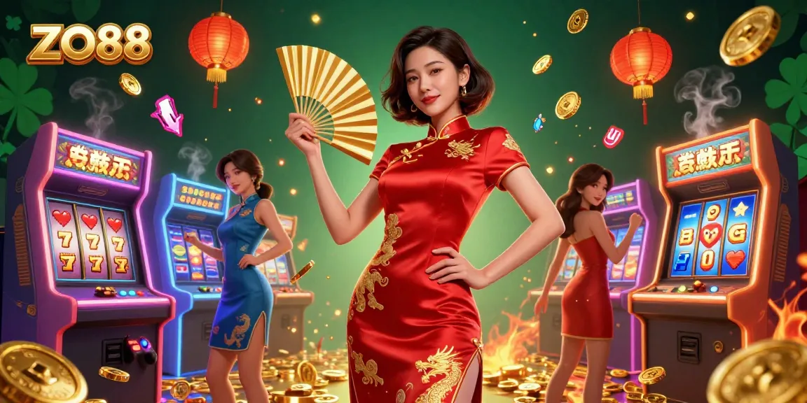 Experience ZO88 with a confident woman in a qipao, surrounded by casino elements and vibrant gaming visuals.