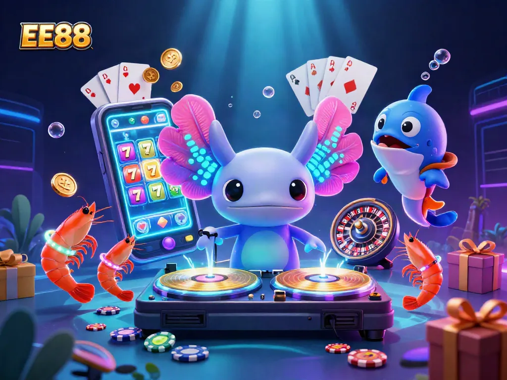 Play thrilling games at EE88 with vibrant 3D casino illustration featuring dynamic DJ and game elements.