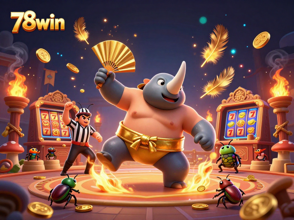 Match with 78win as the rhinoceros beetle champion stomps, sending golden coins flying in a vibrant casino.