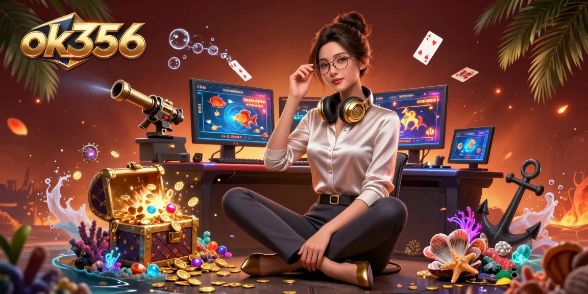 Engaging ok356 casino gaming scene featuring an elegant woman at a high-tech setup amidst vibrant treasures.