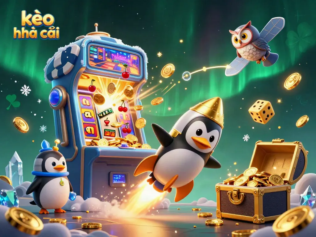 Experience kèo nhà cái excitement with a golden penguin in space, jackpot slot machine explosion, and vibrant casino elements.