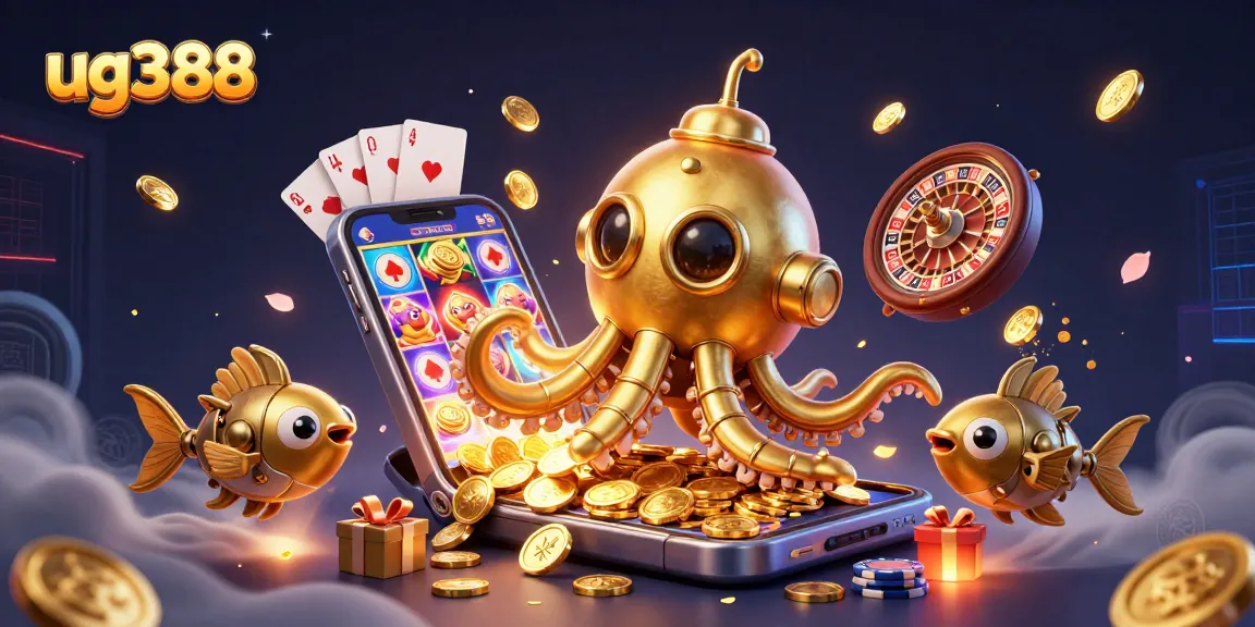 Experience the thrills of ug388 with a dynamic and colorful 3D casino scene featuring golden kraken and games.