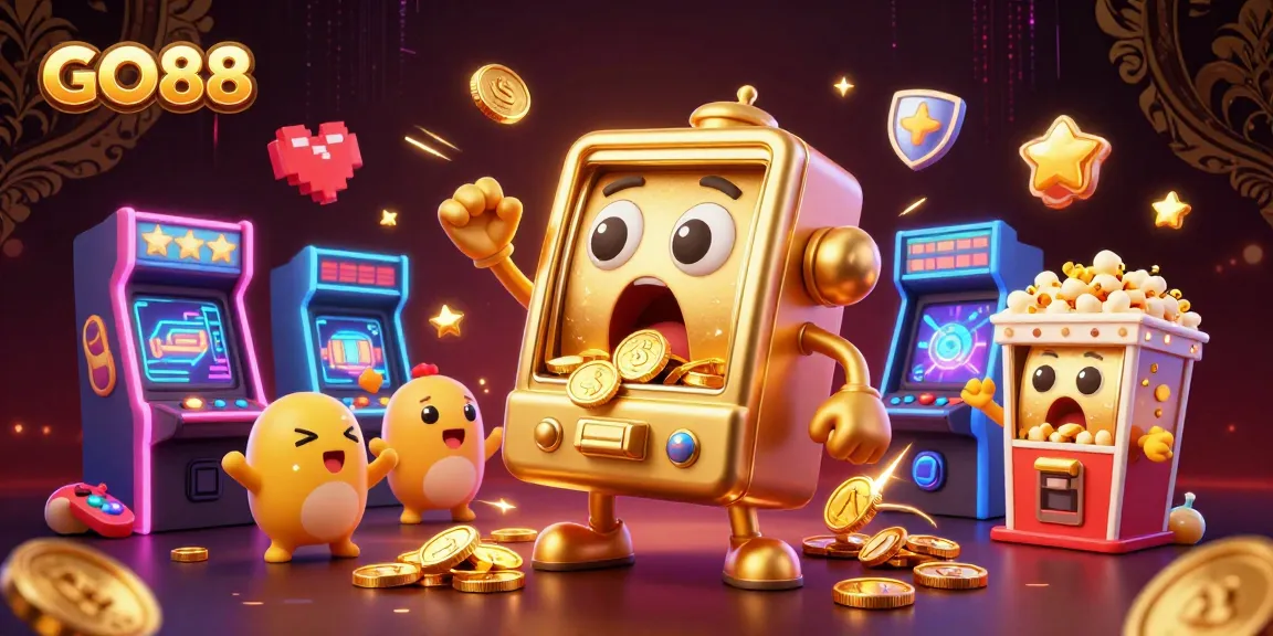 GO88 slot machine hits the jackpot, showered with coins in a vibrant casino scene.