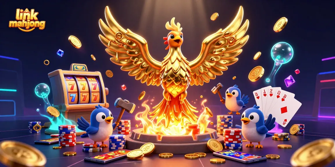 Experience the excitement of link mahjong with a golden phoenix and dynamic slot elements in this vibrant illustration.