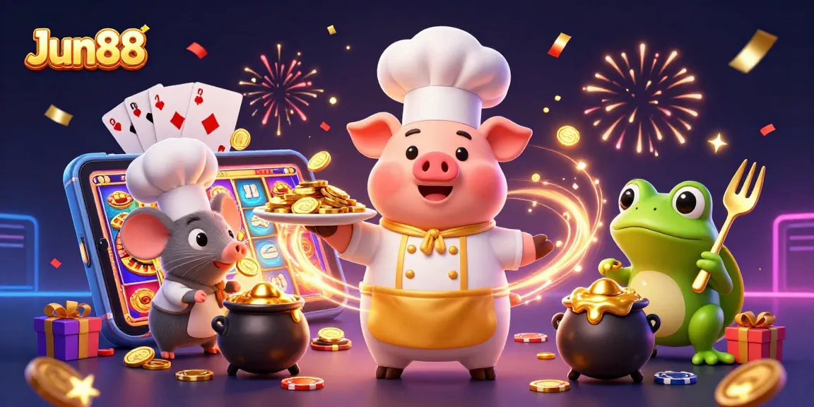 Win big with Jun88's vibrant casino adventure featuring gaming characters and golden coins.