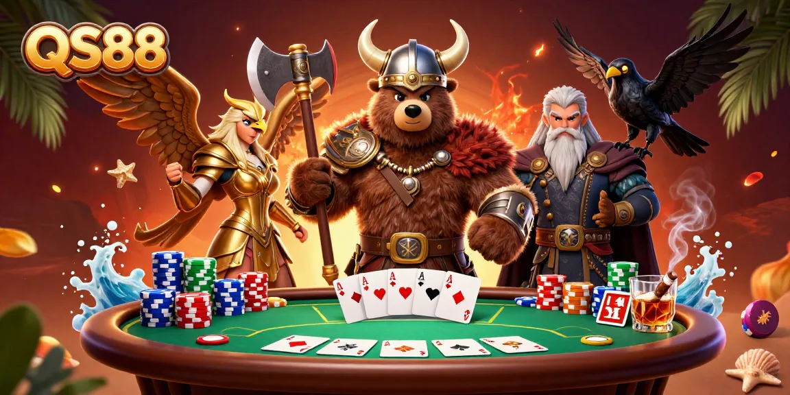 QS88 casino scene featuring a Viking bear and Valkyrie eagle surrounded by poker elements and vibrant details
