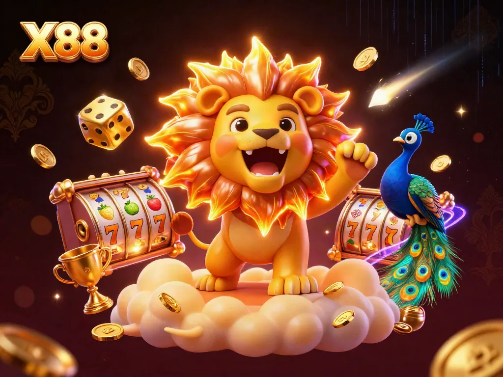 X88 engages players with an exciting 3D casino scene featuring a roaring lion, spinning slots, and gleaming coins.