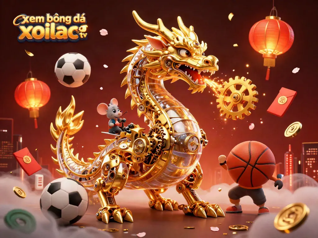 Xem bóng đá xoilac tv features a vibrant 3D dragon and sports elements, symbolizing gaming excitement.
