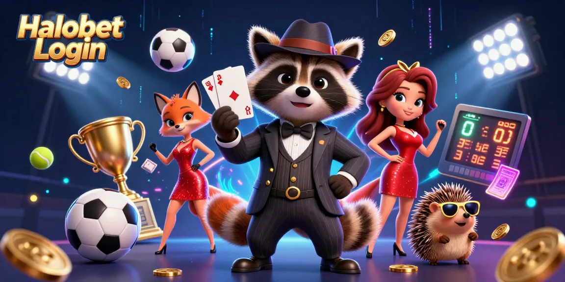 Halobet Login illustration with cartoon raccoon, fox lady, and hedgehog bouncer in vibrant casino setting.