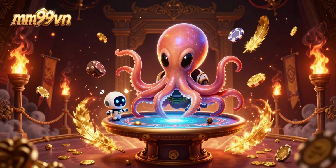 Engage with mm99vn's exciting casino experience featuring a vibrant alien octopus at a holographic poker table.