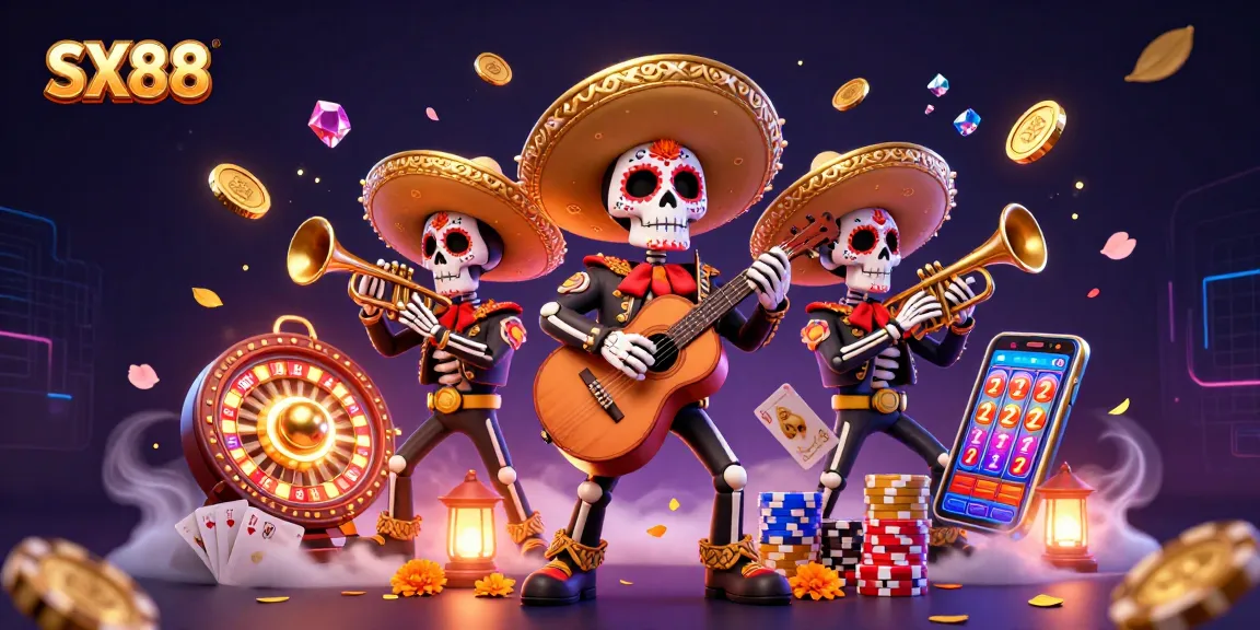SX88 players embrace vibrant fun with a mariachi band celebrating wins at the casino.
