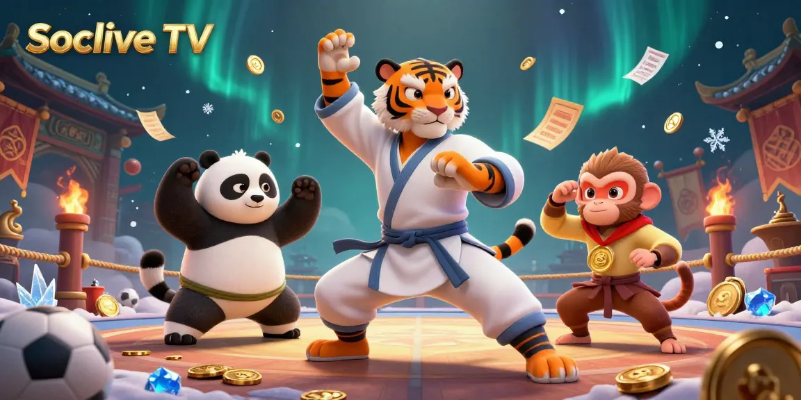 Socolive TV features dynamic sports betting action, showcasing a kung fu tiger and panda in a thrilling gaming scene.