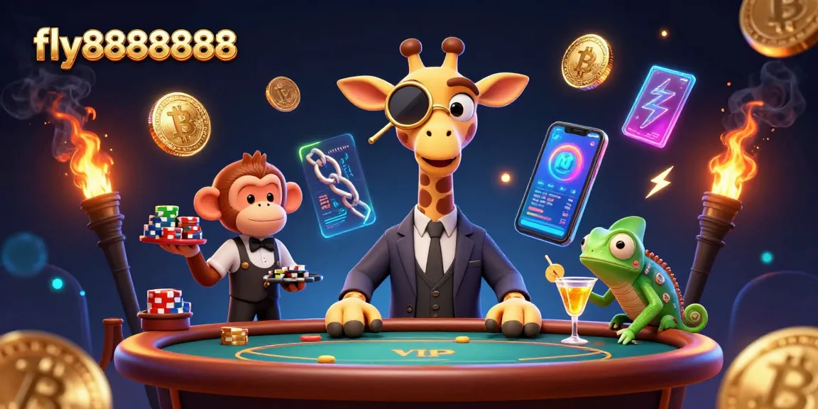 Experience the thrill at fly88888888 with a vibrant scene of a high-roller giraffe at a VIP poker table.