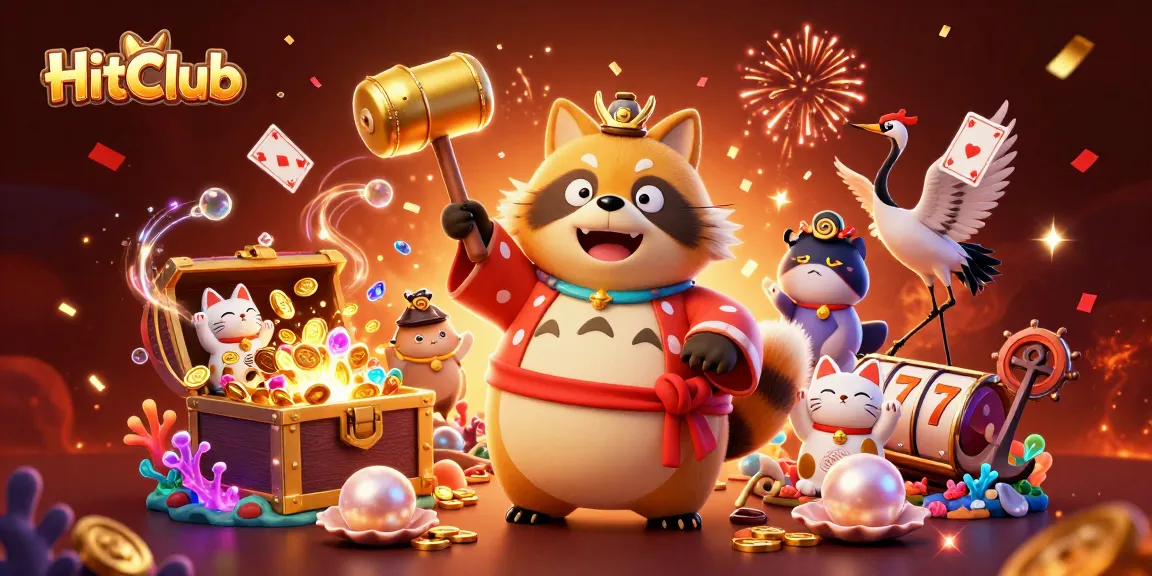 Experience exciting gameplay at HitClub, with vibrant raccoon characters celebrating casino wins amid lively decorations.