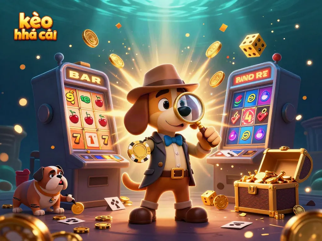 Discover exciting kèo nhà cái with a cartoon detective and colorful casino elements in a vibrant 3D scene.