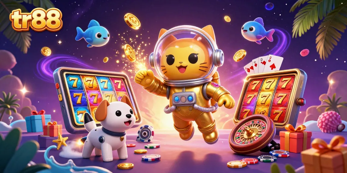 Experience thrilling victories at tr88 with cats, robots, and slot games in a vibrant casino scene.